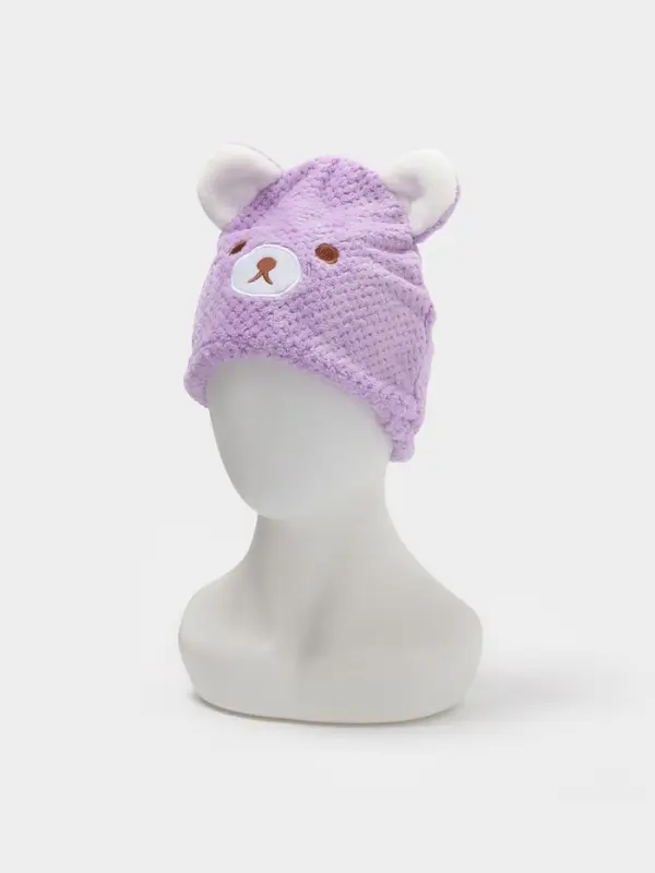 Чалма для сушки волос Доляна &laquo;Медвежонок&raquo;, микрофибра, фиолетовая