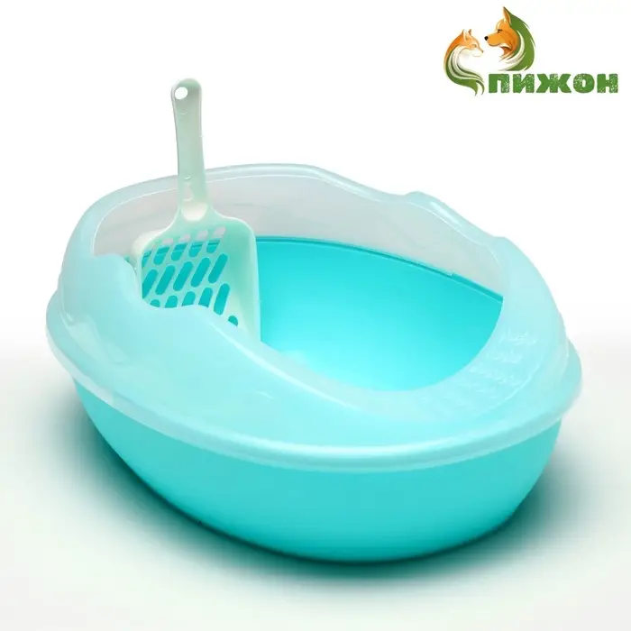 Туалет для кошек, 38&times;28&times;15 см, округлый, с бортиком и совком, синий