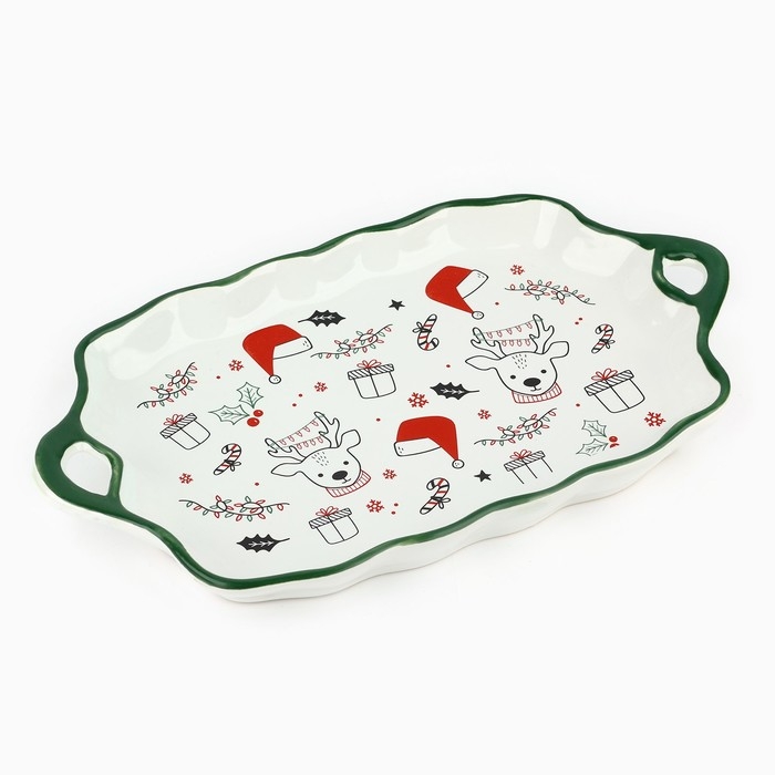 Новый год! Блюдо керамическое «Новогодние олени», 23х13х2.5 см, цвет белый
