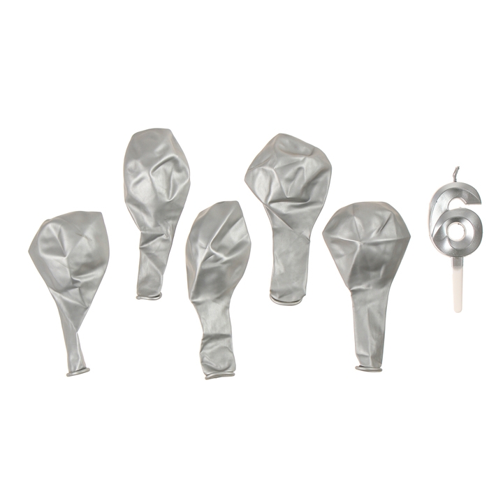 Свечи для торта + 5 шаров, цифра 6, серебро Свечи для торта + 5 шаров, цифра 6, серебро