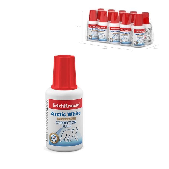 Корректирующая жидкость 20 мл, ErichKrause Arctic White, быстросохнущая, повышенной белизны, на основе растворителя, с кисточкой Корректирующая жидкость 20 мл, ErichKrause Arctic White, быстросохнущая, повышенной белизны, на основе растворителя, с кисточкой