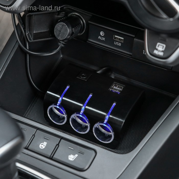 Разветвитель прикуривателя, 3 гнезда, 2 USB 1 А, 60 Вт, 12/24 В, подсветка, провод 70 см Разветвитель прикуривателя, 3 гнезда, 2 USB 1 А, 60 Вт, 12/24 В, подсветка, провод 70 см