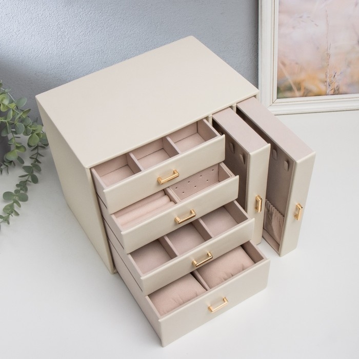 Шкатулка кожзам для украшений  Шкатулка кожзам для украшений "Комод с золотистыми ручками" белая 16,3х18х22,5 см