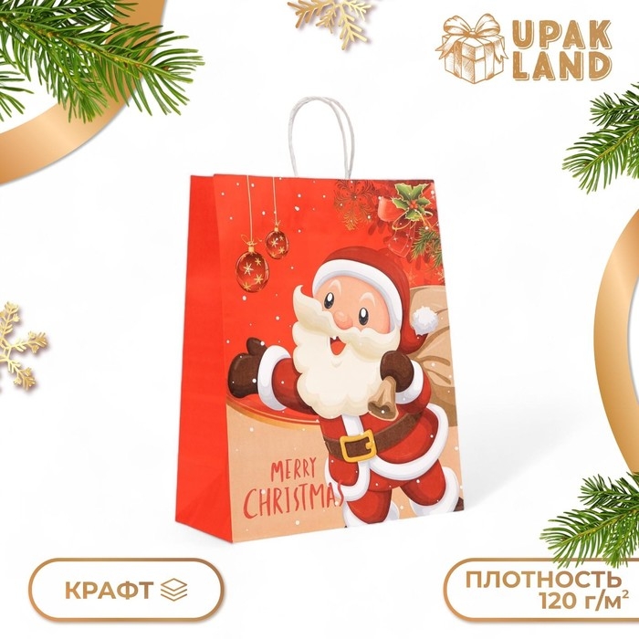 Новый год. Пакет бумажный подарочный новогодний крафт Новый год. Пакет бумажный подарочный новогодний крафт "Дед Мороз", 33 × 26 × 12 см.