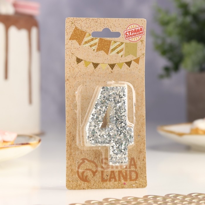 Свеча в торт «Блестки», цифра  Свеча в торт «Блестки», цифра "4", серебро, 6.5х4