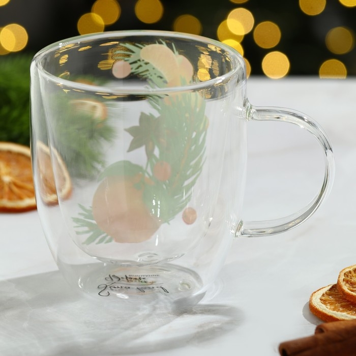 Новый год. Кружка новогодняя стеклянная с двойными стенками «Аромат праздника», 300 мл Новый год. Кружка новогодняя стеклянная с двойными стенками «Аромат праздника», 300 мл