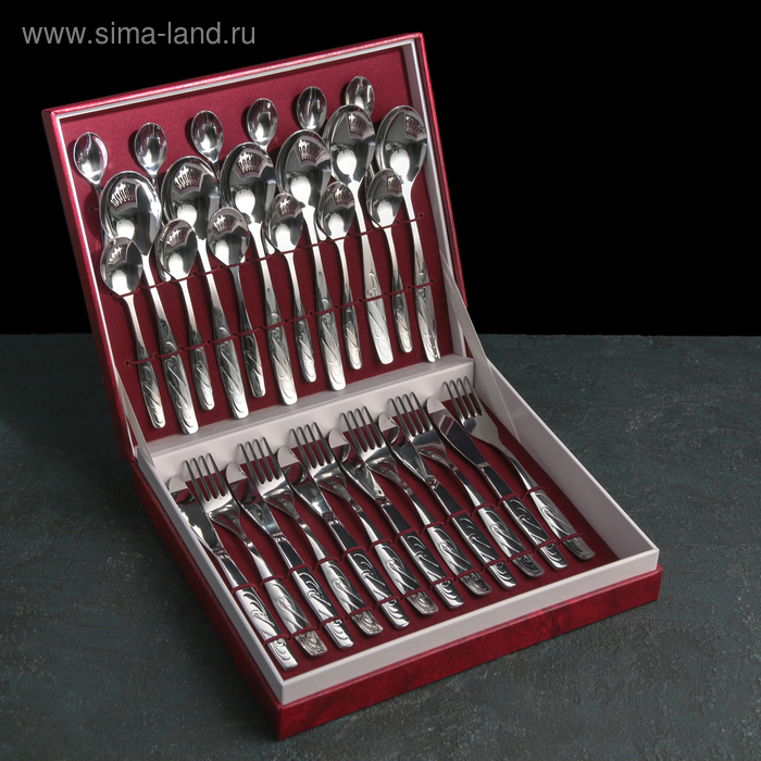 Набор столовый «Лира», 30 предметов, декоративная коробка, цвет серебряный Набор столовый «Лира», 30 предметов, декоративная коробка, цвет серебряный
