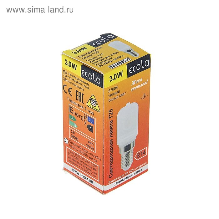 Лампа светодиодная Ecola, T25, 3 Вт, 2700 К, 340°, для холодильников и швейных машин Лампа светодиодная Ecola, T25, 3 Вт, 2700 К, 340°, для холодильников и швейных машин