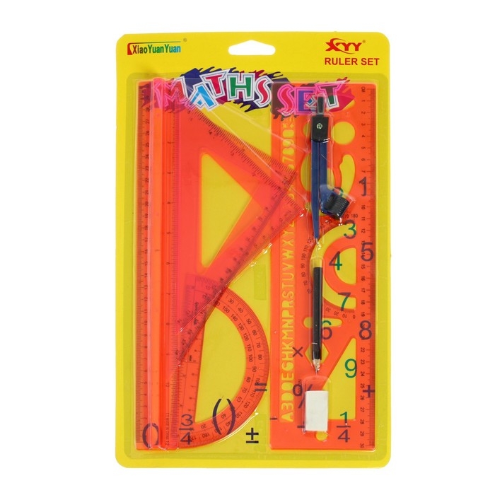 Набор геометрический, чертежный, блистер: линейка 30 см, 2 треугольника, транспортир, ластик, циркуль, линейка с трафаретами, тонированный, МИКС Набор геометрический, чертежный, блистер: линейка 30 см, 2 треугольника, транспортир, ластик, циркуль, линейка с трафаретами, тонированный, МИКС