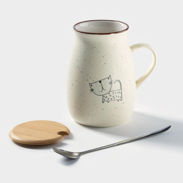 Кружка керамическая с деревянной крышкой и ложкой «Пэтти», 350 мл, рисунок МИКС Кружка керамическая с деревянной крышкой и ложкой «Пэтти», 350 мл, рисунок МИКС