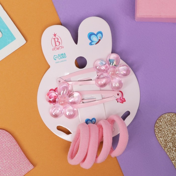 Набор для волос Набор для волос "Розовое чудо" (2 невидимки 5 см, 4 резинки) цветочек, розовый