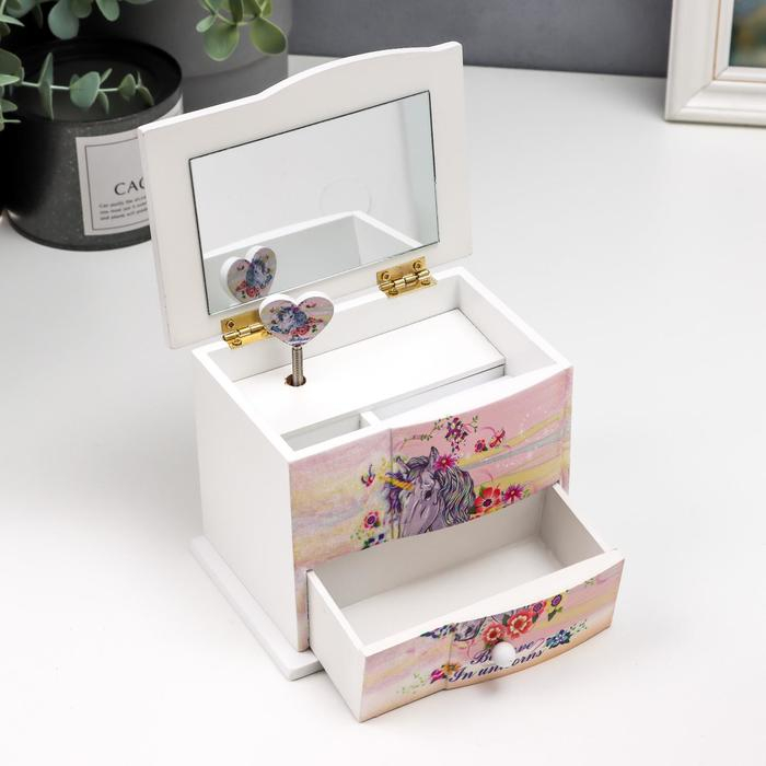 Шкатулка дерево комод 1 ящик музыкальная "Единорог в цветах" 11х14,7х10,6 см
