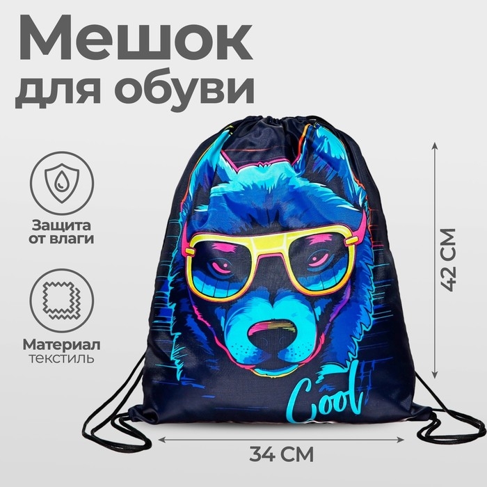 Мешок для обуви 420 х 340 мм, Calligrata МСО-5С, (мягкий полиэстер, плотность 210D),  Мешок для обуви 420 х 340 мм, Calligrata МСО-5С, (мягкий полиэстер, плотность 210D), "Собака в очках"