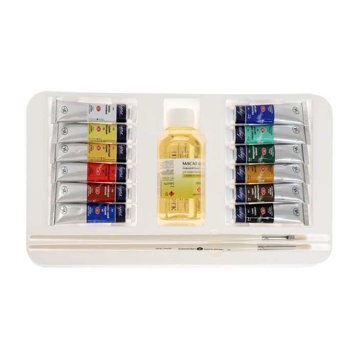 Краска масляная художественная, набор 12 цветов х 18 мл, ЗХК  Краска масляная художественная, набор 12 цветов х 18 мл, ЗХК "Ладога" подарочный, кисти 2 штуки, масло льняное 120 мл, 1241967