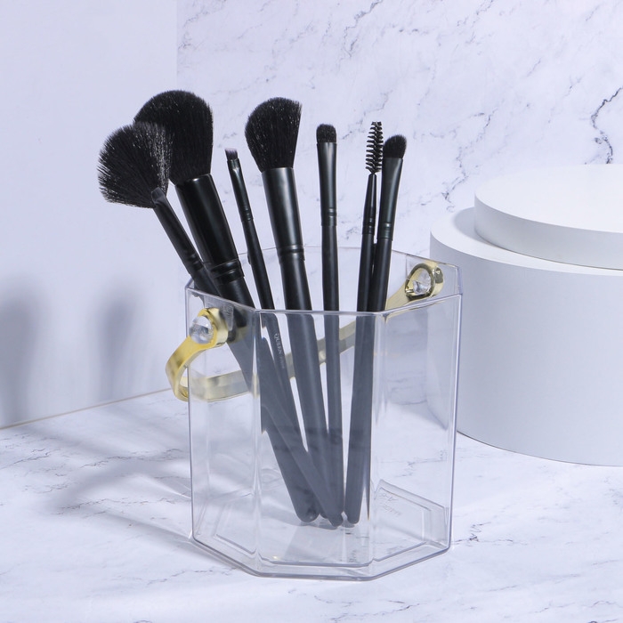 Органайзер для хранения косметических принадлежностей «CLEAN GOLD», с ручкой, восьмиугольный, d = 12,5 × 12 см, цвет прозрачный/золотистый