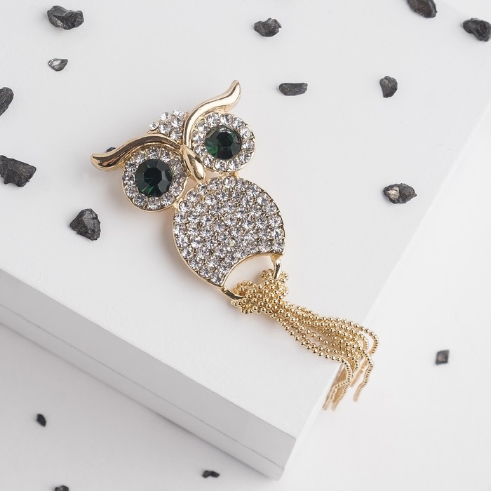 Брошь «Филин» с цепочками, цвет бело-зелёный в золоте Брошь «Филин» с цепочками, цвет бело-зелёный в золоте