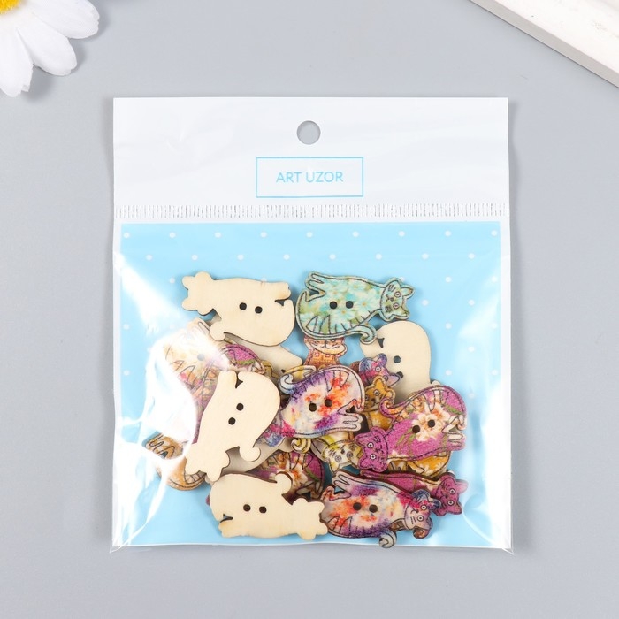 Пуговицы декоративные дерево 2 прокола Пуговицы декоративные дерево 2 прокола "Яркие кошечки" набор 20 шт 3х1,8 см