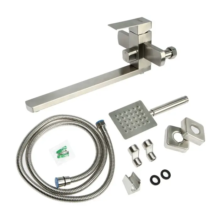 Смеситель для ванны ZEIN, квадрат, излив 35 см, с душевым набором, нержавеющая&nbsp;сталь, сатин