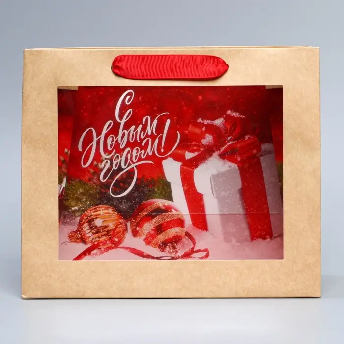 Пакет подарочный новогодний крафтовый с пластиковым окном &laquo;Новогодний подарок&raquo;, 24 х 20 х 11см
