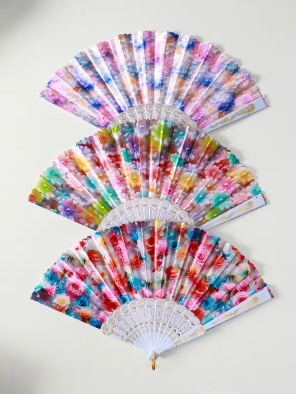 Веер пластик, текстиль Веер пластик, текстиль "Россыпь цветов" МИКС широкие лопасти 23 см