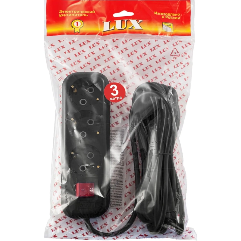 Удлинитель LUX У3-ЕВК-03 с выкл. 3-мест с з/к, 250В 16А, 3м, черный
