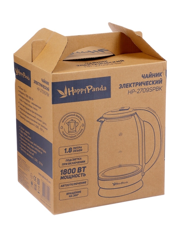 Чайник электрический Happy panda HP-2709SPBK, стекло, 1.8 л, 1800 Вт, чёрный Чайник электрический Happy panda HP-2709SPBK, стекло, 1.8 л, 1800 Вт, чёрный