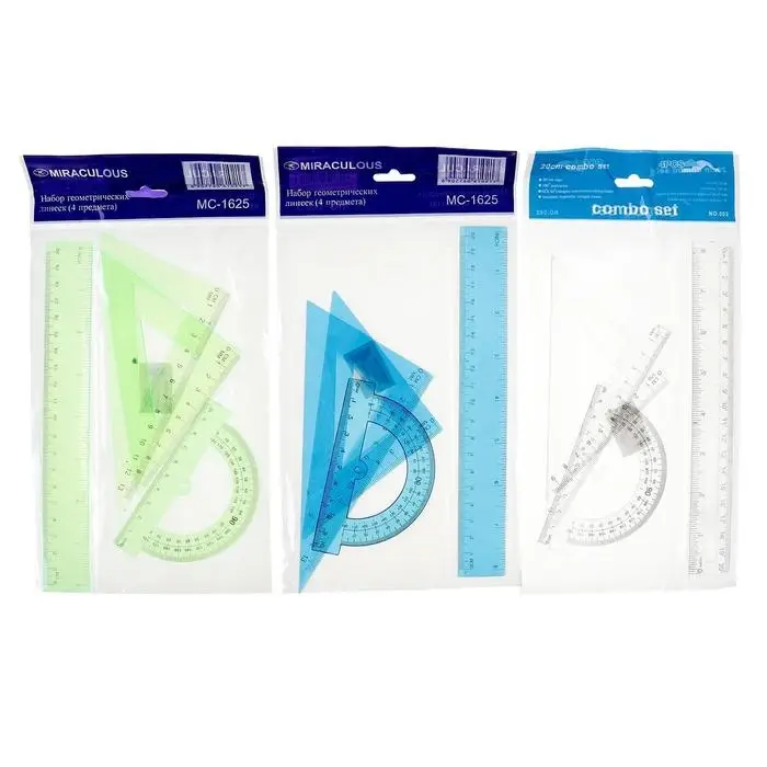 Набор геометрический Calligrata, 4 предмета (линейка 20 см, 2 угольника, транспортир), МИКС