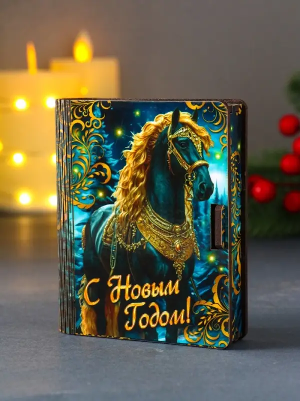 Шкатулка-конверт для для подарочных карт или денег  Шкатулка-конверт для для подарочных карт или денег "Черная лошадка и золотые узоры".  9,8х8,5х2 см.