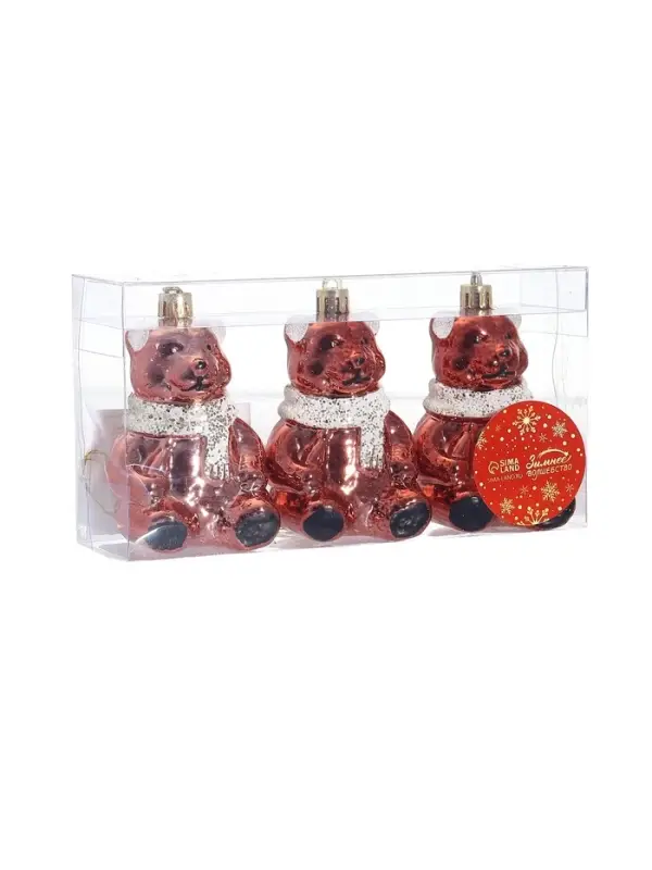 Ёлочные игрушки 3 шт. &laquo;Зимнее волшебство. Мишка колор&raquo; пластик, 9&times;5 см, красный