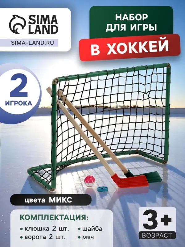 Набор для игры в хоккей (клюшка 2 шт., ворота 2 шт., шайба, мяч), МИКС