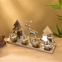 Подсвечник на 4 свечи &laquo;Рудольф и ёлки&raquo;, 30&times;9&times;15 см, алюминий