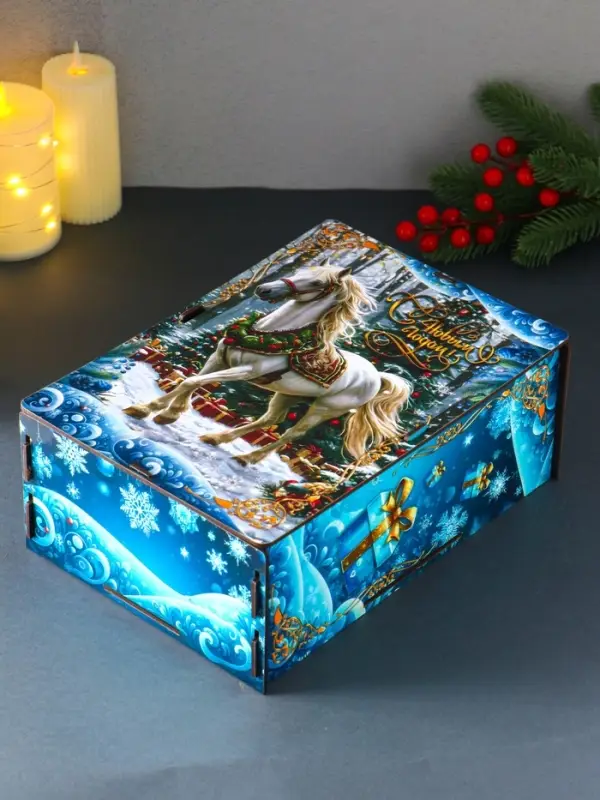 Шкатулка-ящик  самосборный большой  с символом года "Белая лошадь на голубом",  28х19,5х11 см 109035