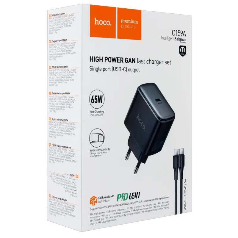 Сетевое зарядное устройство с кабелем Type-C на Type-C PD65W C159A HOCO черное