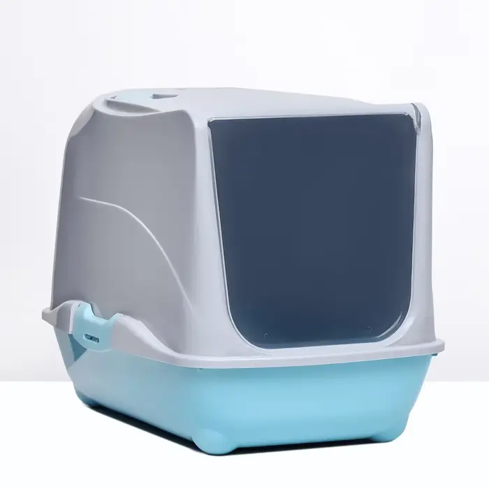 Туалет-домик для кошек закрытый с дверцей 43&times;32&times;33 см, бирюзово-серый