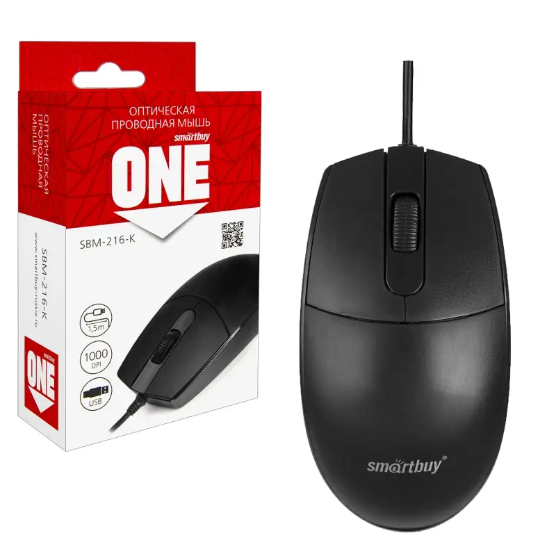 Мышь проводная Smartbuy ONE 216-K черная (SBM-216-K) / 100 Мышь проводная Smartbuy ONE 216-K черная (SBM-216-K) / 100