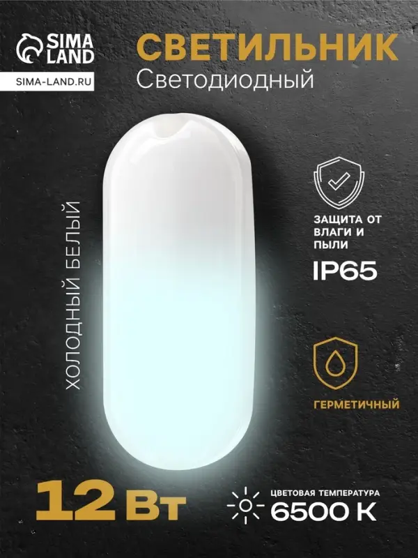 Светильник светодиодный герметичный, 12 Вт, 1100 лм, IP65, 6500К, 220 В, овал, белый