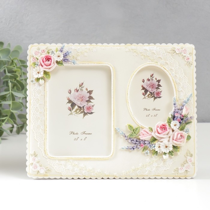 Фоторамка полистоун на 2 фото 6х9, 9х13 см  Фоторамка полистоун на 2 фото 6х9, 9х13 см "Кружево и букет с розами" стразы 17,5х21,5 см