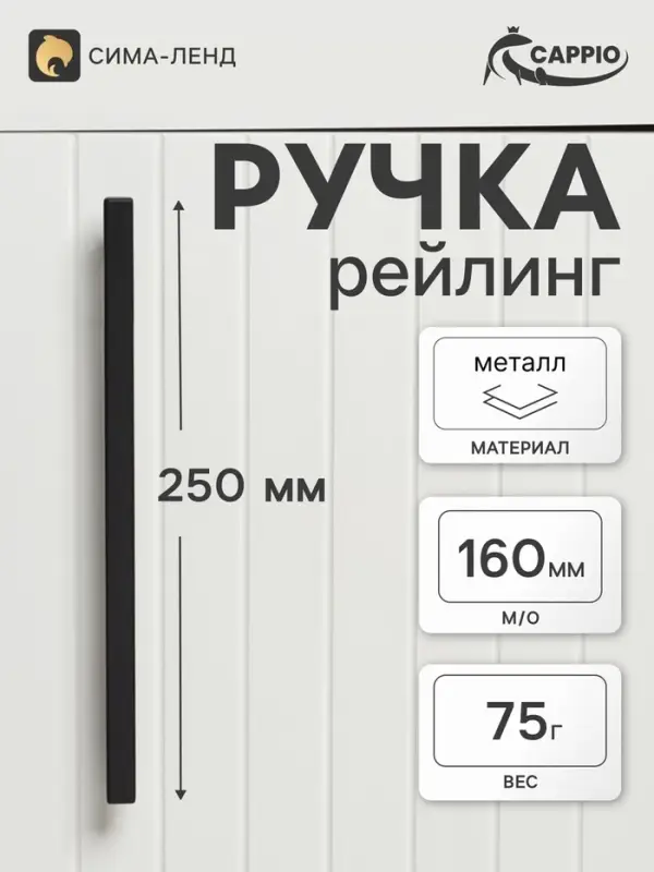 Ручка-рейлинг квадрат CAPPIO, м/о 160 мм, L=250 мм, цвет черный