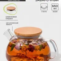 Заварочный чайник BellaTenero &laquo;Эко&raquo;, 650 мл, 18&times;12&times;10 см, с бамбуковой крышкой, металлический фильтр, стекло