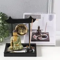 Сад Дзен "Будда в зелёном у гонга" песок+камни+аромапалочки 13,2х15х16 см