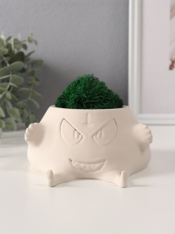 Кашпо бетонное  Кашпо бетонное "Злобный смех" со мхом 15,5*12,5*6 см белый (мох зеленый стабилизирован)