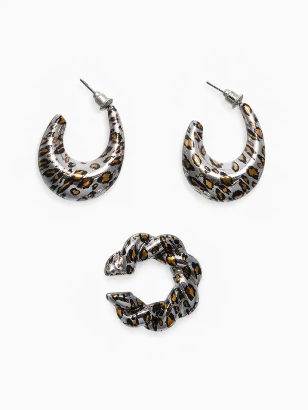 Серьги и каффы QF &laquo;Леопард&raquo;, набор, жгутик, цвет серебро