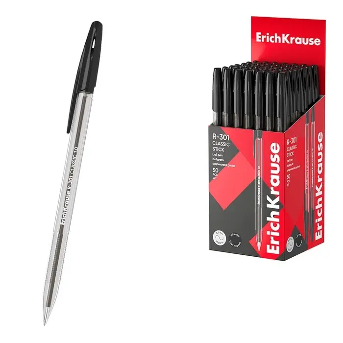 Ручка шариковая ErichKrause R-301 Classic Stick, узел 1.0 мм, чернила чёрные, длина линии письма 2000 метров, штрихкод на ручке