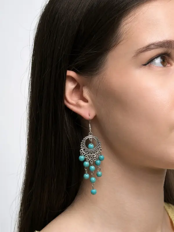 Серьги &laquo;Бирюзовый мир&raquo;, круг и 5 дорожек бусинок, голубые в чернёном серебре