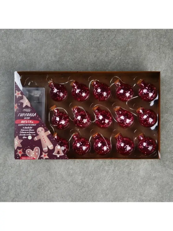 Гирлянда &laquo;Нить&raquo; 1.6 м с насадками &laquo;Шарики с розовым конфетти&raquo;, IP20, серебристая нить, 15 LED, от батареек АА&times;2, свечение тёплое белое