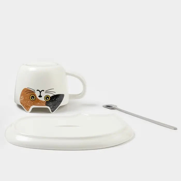Чайная пара &laquo;Котик&raquo;, 3 предмета: чашка 200 мл, блюдце 18.8&times;13.6 см, ложка, керамика, белая