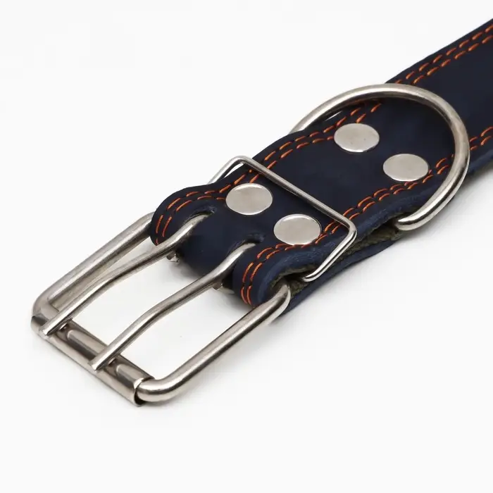 Ошейник комбинированный, безразмерный, 83&times;4.5 см, ОШ 20-70 см, кожа, брезент, синий