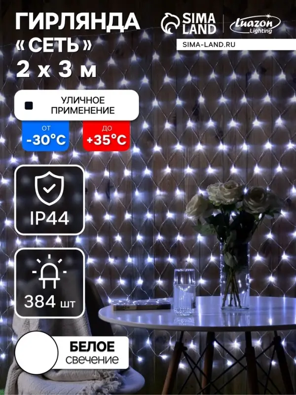 Гирлянда &laquo;Сеть&raquo; 2&times;3 м, IP44, УМС, прозрачная нить, 384 LED, свечение белое, 220 В