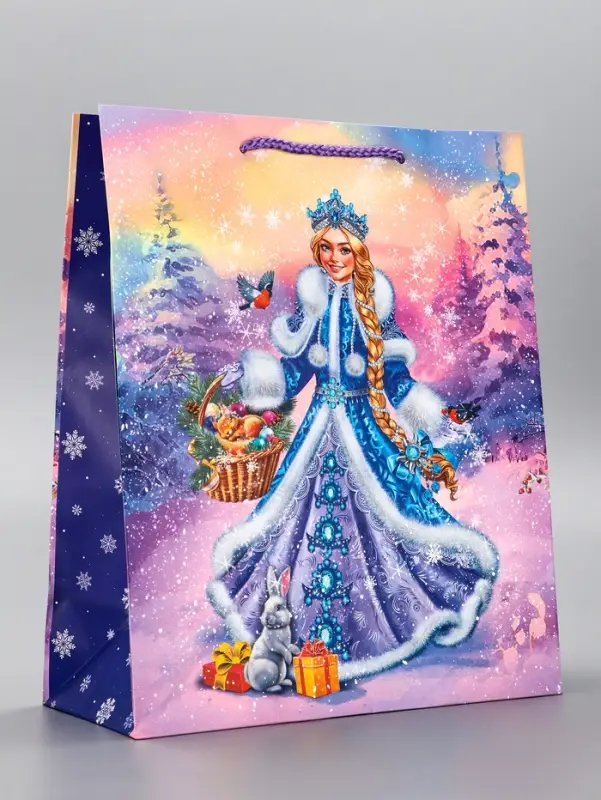 Пакет подарочный новогодний ламинированный, &laquo;Снегурочка и зайчик&raquo;, 26&times;12&times;32 см