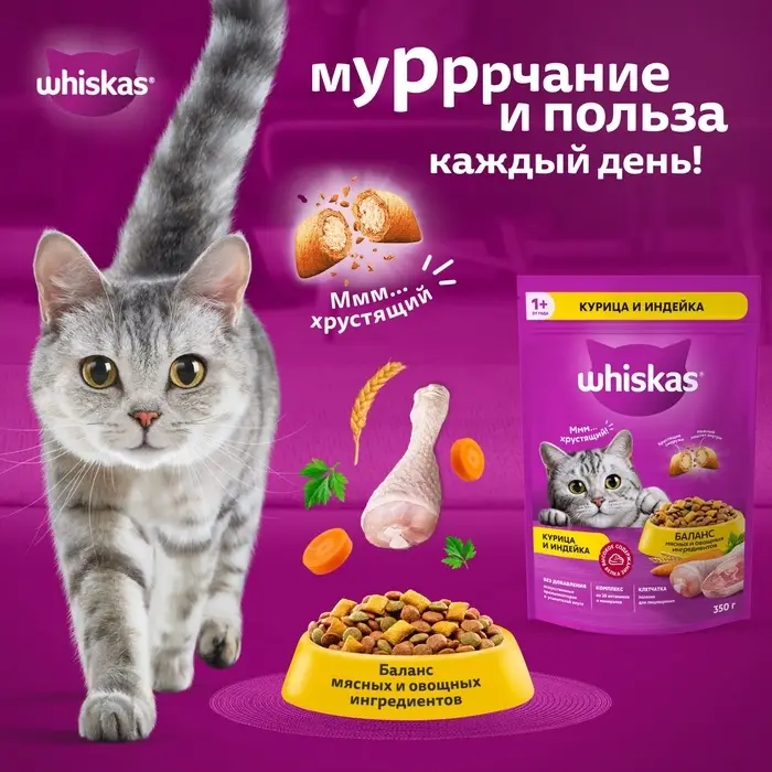 Сухой корм Whiskas для кошек, курица/индейка, подушечки, 1,3 кг Сухой корм Whiskas для кошек, курица/индейка, подушечки, 1,3 кг